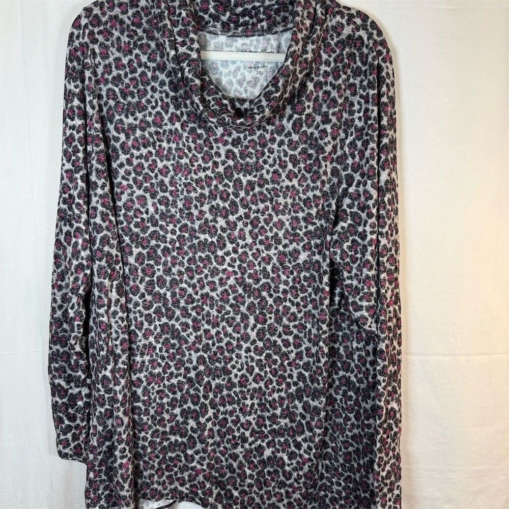 Soft & Cozy Tunic Top Womens 3XL Plus Gray Leopard Print Cowl Neck Pink